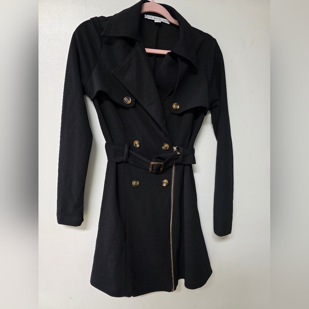 HYFVE Black Double-Breasted Trench Dress with Belt and Gold Buttons